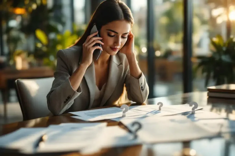 Zakenvrouw belt terwijl ze contract bestudeert aan conferentietafel met vraagtekens, kantooromgeving