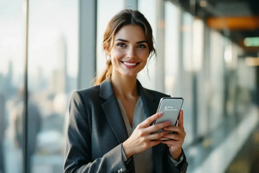 Zakenvrouw in pak toont internationale roaming-instellingen op smartphone in modern kantoor met stadsgezicht