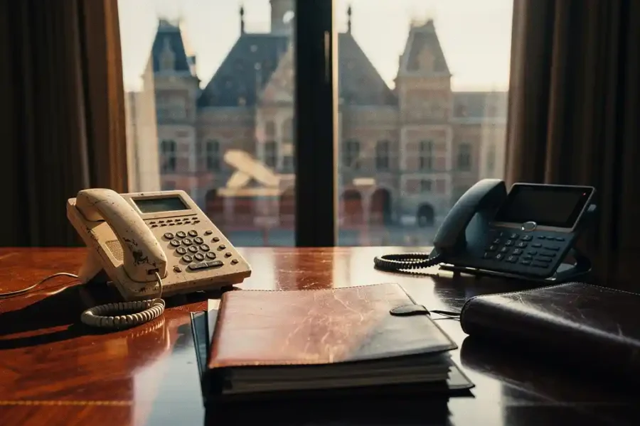 Verouderde analoge telefoon naast moderne VoIP-handset op mahonie bureau, met juridische documenten en Nederlandse rechtbank op achtergrond.