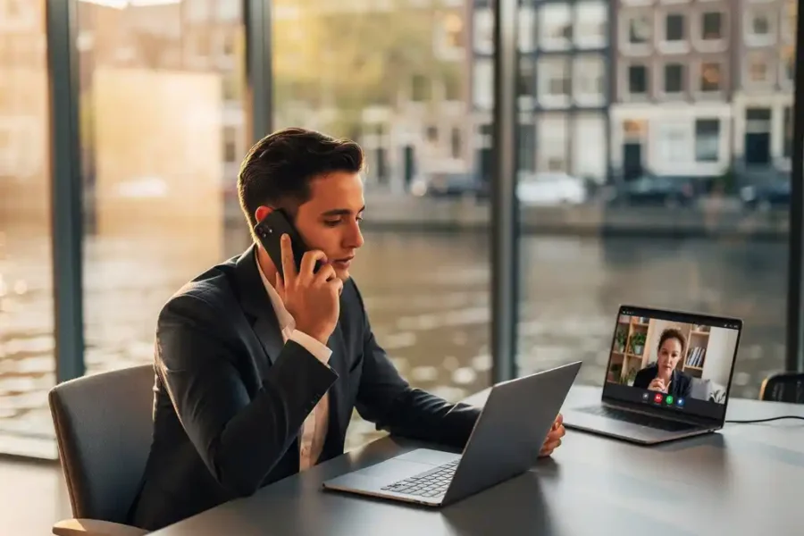 Consultant in blazer telefoneert aan bureau met laptop in glazen kantoor met uitzicht op Amsterdamse gracht, collega op videogesprek op achtergrond.