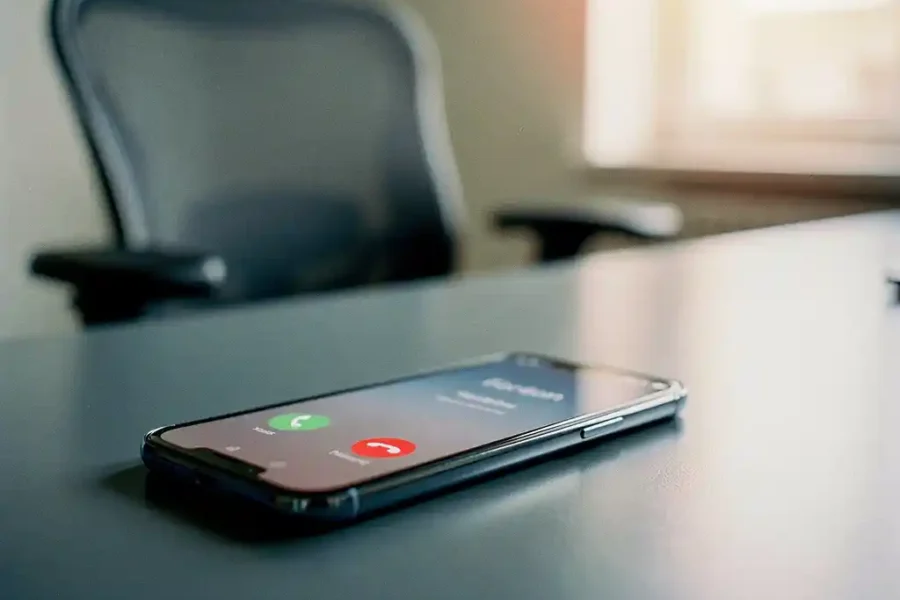 Smartphone op modern kantoorbureau stuurt inkomend gesprek door, lege ergonomische stoel zichtbaar op onscherpe achtergrond.