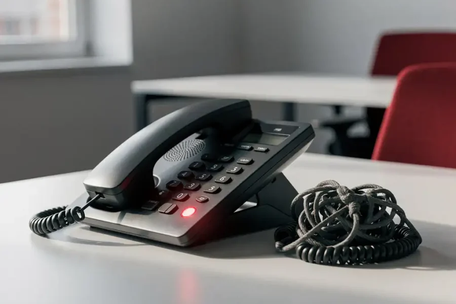 Kantoortelefoon met verwarde telefoonsnoer en knipperend rood gemist-oproep lampje op modern grijs bureau.