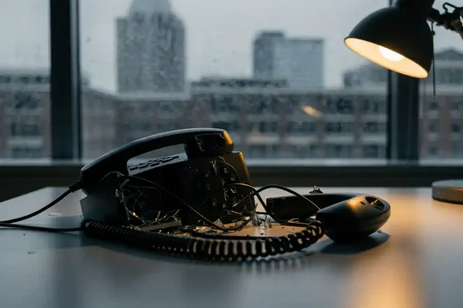 Kapotte kantoortelefoon op zijn zij op een bureau, met verstrengeld snoer en Den Haag skyline zichtbaar door regenachtig raam.