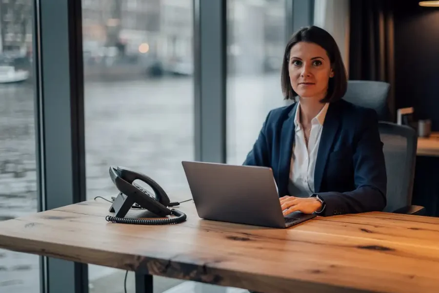 Staffingprofessional voert hybride werkvergadering via laptop en bureautelefoon in Amsterdams kantoor met grachtzicht.