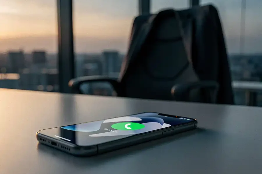 Smartphone op kantoorbureau met actief inkomend gesprek, warm avondlicht door grote ramen, jasje over lege stoel op de achtergrond.