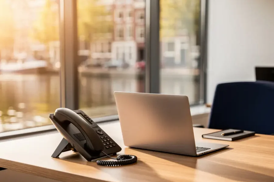 Zakelijke bureautelefoon naast laptop in licht Nederlands consultancykantoor met uitzicht op gracht.