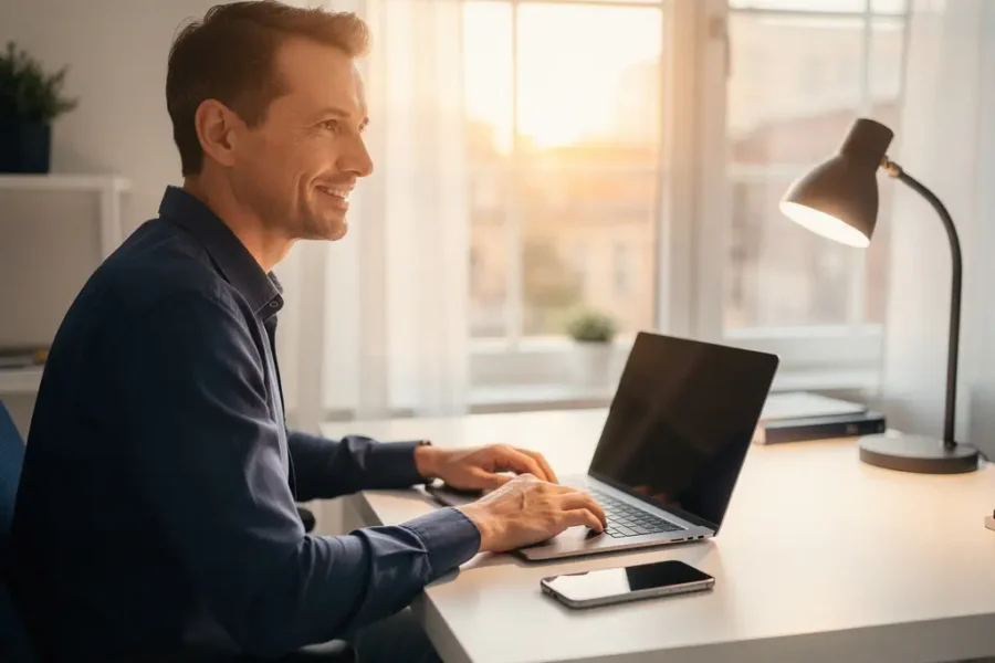 Professional aan helder thuiskantoor met smartphone en laptop op bureau, ononderbroken zakelijk videogesprek in warm daglicht.