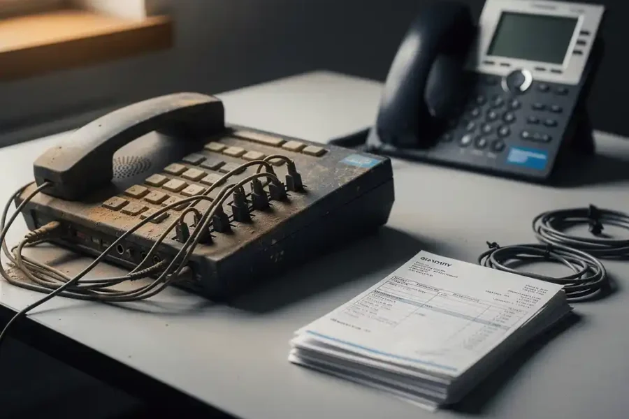 Verouderde telefooncentrale op modern bureau naast stapel facturen, met een IP-telefoon op de achtergrond in warm amberkleurig licht.