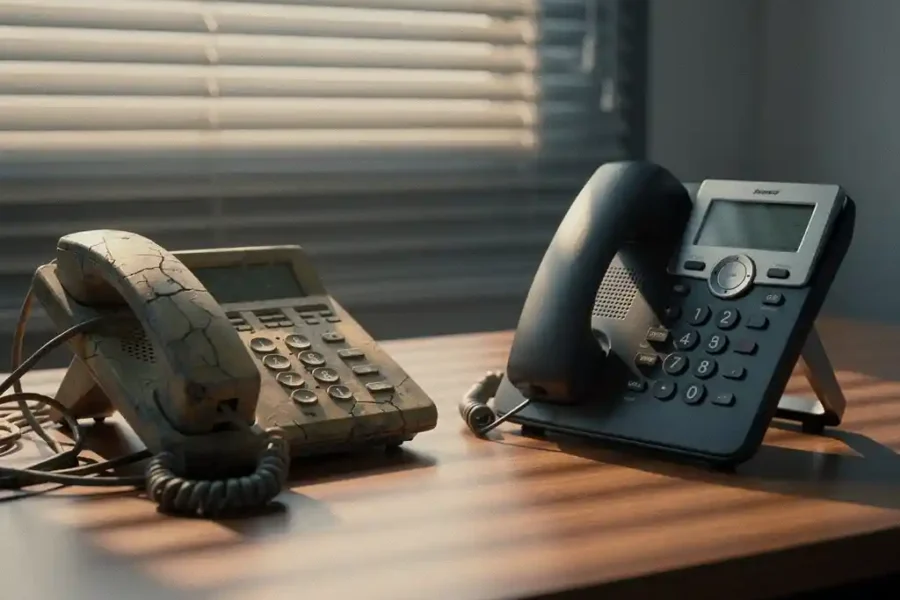 Verouderde kantoortelefoon met versleten snoer naast modern zakelijk handset, warm middaglicht door jaloezieën.