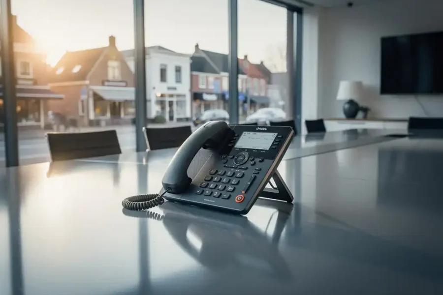 Moderne VoIP-desktelefoon op een gepolijste vergadertafel in een Nederlands kantoor, met warm middaglicht door grote ramen.