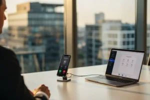 Moderne werkplek in Randstad met smartphone die doorschakelt naar softphone op laptop, Nederlandse skyline zichtbaar op de achtergrond.