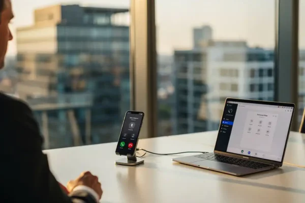 Moderne werkplek in Randstad met smartphone die doorschakelt naar softphone op laptop, Nederlandse skyline zichtbaar op de achtergrond.