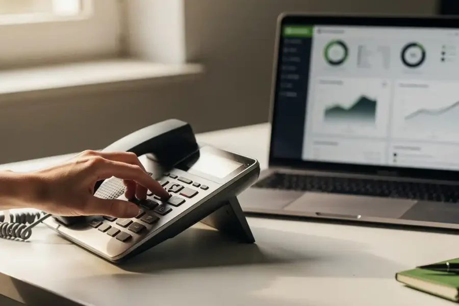 Hand die een zakelijke bureautelefoon instelt op een modern kantoorbureau, met een open laptop op de achtergrond.