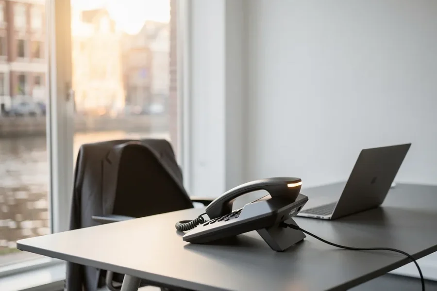 Moderne bureautelefoon verbonden met laptop in licht Nederlands kantoor, jasje over stoel, warm daglicht door grote ramen.