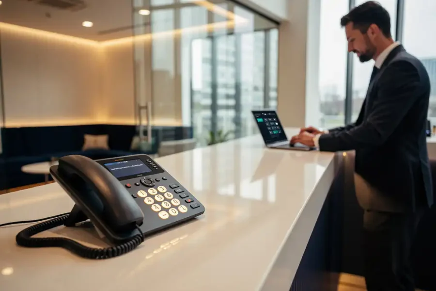 Moderne kantoortelefoon op receptiebalie in Rotterdam, professional past gespreksrouting aan op laptop, warm kantoorlicht.