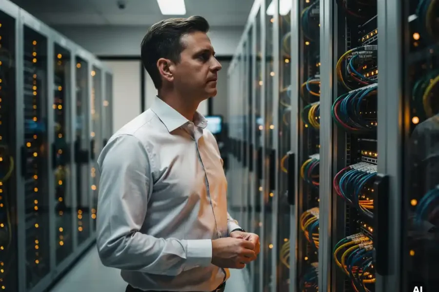 Ingenieur in overhemd inspecteert netwerkinfrastructuur in moderne Nederlandse serverruimte met georganiseerde kabels en knipperende indicatorlampjes.