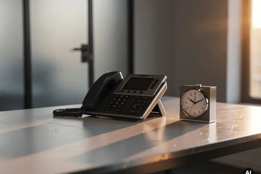 Modern kantoorbureau met professionele bureautelefoon en analoge klok, warm middaglicht en glazen deur op de achtergrond.