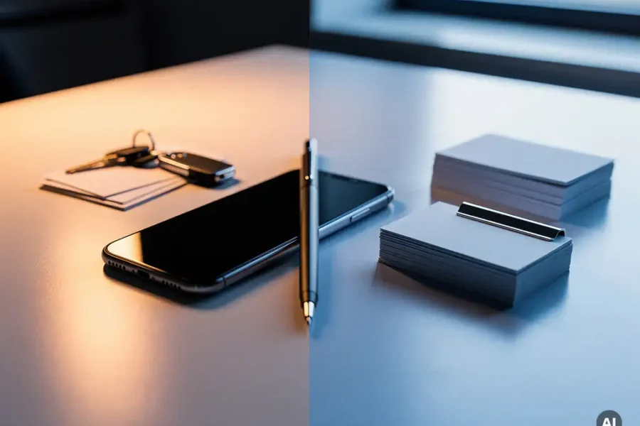 Smartphone op kantoorbureau met warme amber- en koele blauwe belichting, gescheiden door een pen tussen visitekaartjes.