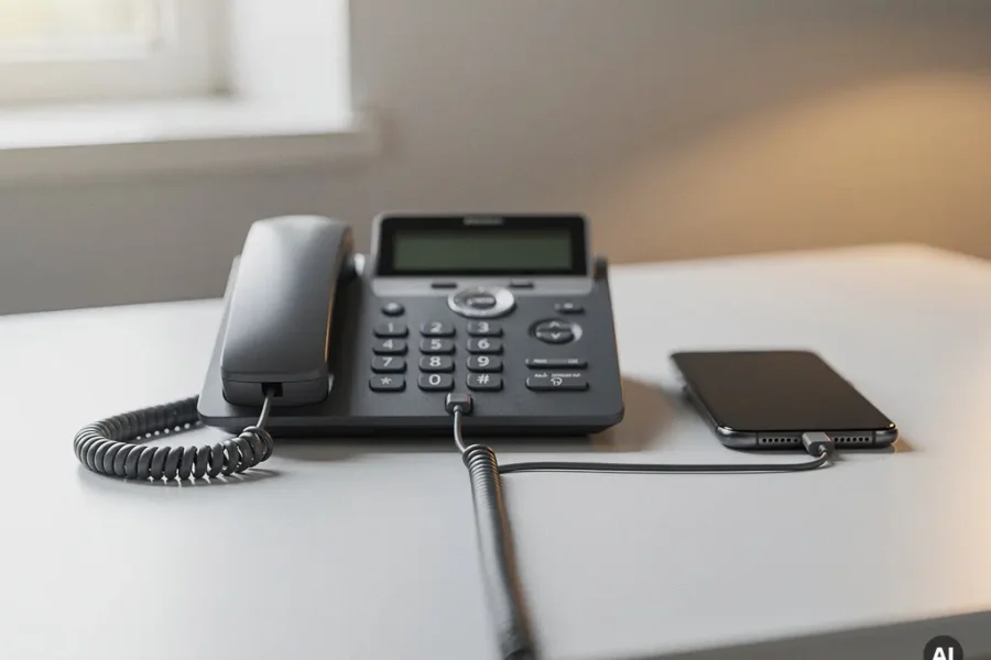 Vaste bureautelefoon en smartphone verbonden door één spiraalvormige kabel op een zakelijk bureau met zacht natuurlijk licht.