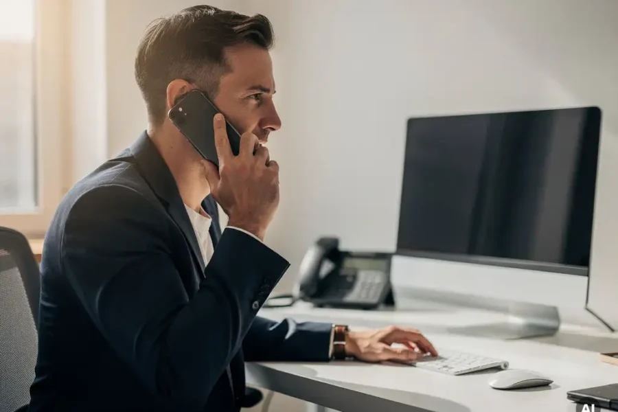 Professional in maatpak belt via smartphone op modern kantoor, vaste lijn telefoon zichtbaar op achtergrond.