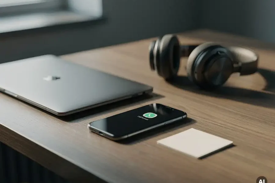 Zakelijke smartphone op leeg bureau met doorgeschakelde oproepen, laptop en headset in warm kantoorlicht.