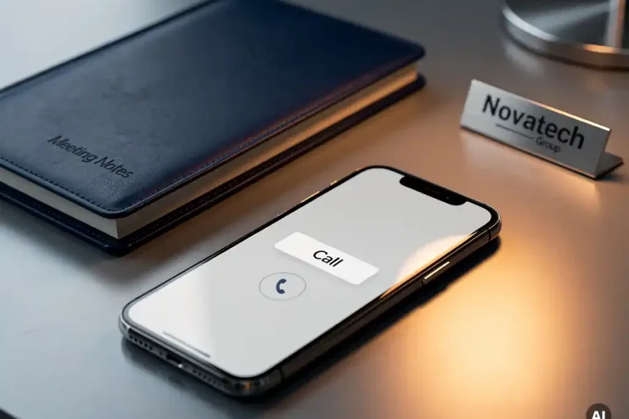 Smartphone op kantoorbureau met uitgaand zakelijk gesprek op scherm, leren agenda en naamplaatje op de achtergrond.